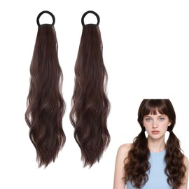 2 Pack Curly Wavy Ponytail Extension Human Hair, Clip in Ponytail for Women, Drawstring Hairpiece for Daily Style and Special Occasions(Dark Brown)