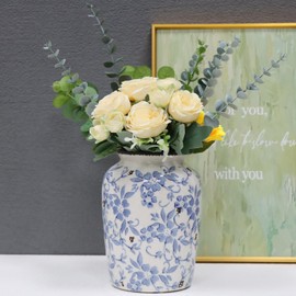 Iemegumi Blue and White Ceramic Vase - Modern Terracotta Pottery Flower Vases for Rustic Home Table Tulip Rose Bouquet Decor - Decorative Vintage Transferware Pattern & Crackle Chinoiserie Pot 8inch