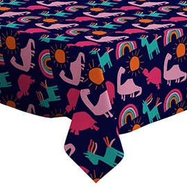 Q-Beans Rectangle Decorative Tablecloth [Size: 52 x 70 inch], Washable and Reusable Table Cloth Cover for Indoor and Outdoor (Rainbow Unicorn Dino Sun)