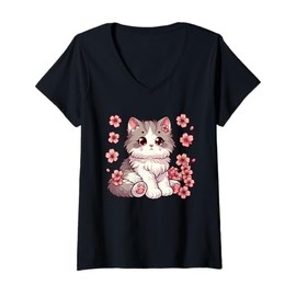 Womens Cute Kawaii Cat with Cherry Blossoms Anime Cartoon Design V-Neck T-Shirt