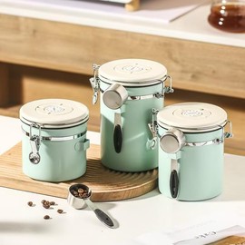 KACOMACO 550g Stainless Steel Airtight Coffee Storage Container, Coffee Grounds Beans Container with Date Dial Release Valve Spoon, Coffee Kitchen Canister with Airtight Lids for Tea Flour(Mint Green)