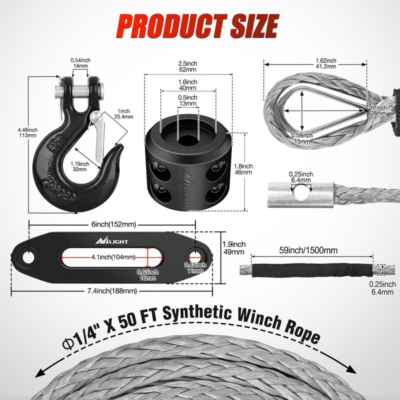 Nilight Synthetic Winch Rope Kit, 1/4 Inch x 50 Feet