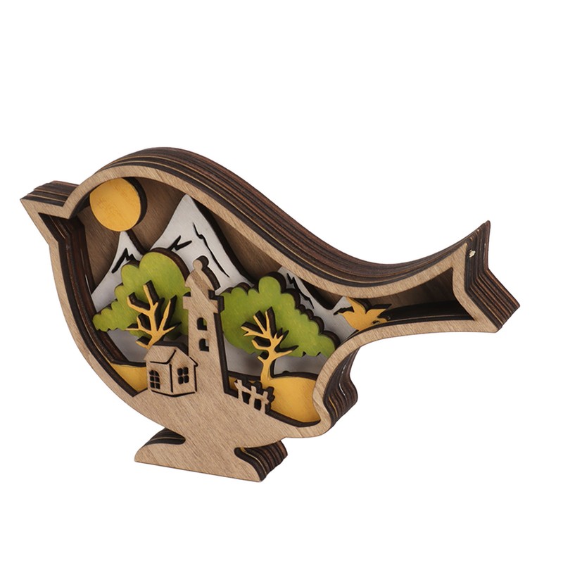 Wooden Bird Statues with Light 3D Hollow Hand Carved Birds
