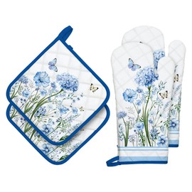 Arquiel Blue Floral Oven Mitts and Pot Holders Sets 4Pcs, 100% Cotton Heat Resistant, Extra Long Oven Gloves Potholder for Kitchen Cooking Baking Decoration