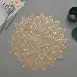 Hosoncovy 4 Pack Decorative Leaf PVC Placemats Flower Placemats Hollow Dining Table Place Mats Heat Resistant Non-slip Dining Placemats Table Mats for Home Kitchen Wedding (Gold)