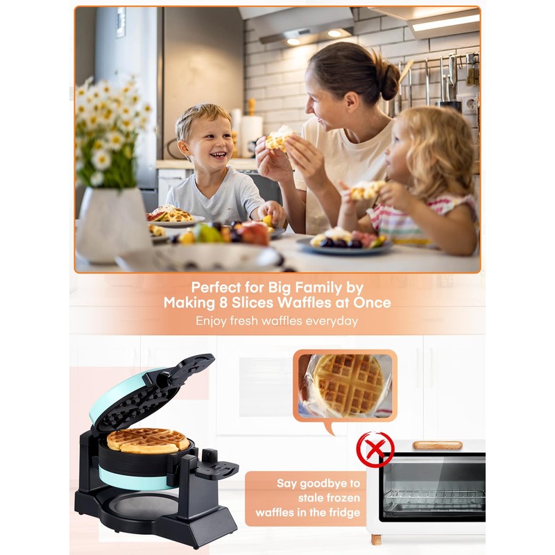 Waffle Maker, 1400W Double Belgian Waffle Iron 180° Flip, 8
