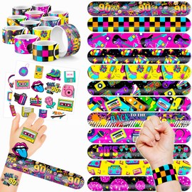 48PCS 90s 80s Party Favors 24PCS Tattoos 24PCS Slap Bracelets Gifts Ideal for Kids Themed 90s Birthdays Party Supplies Decorations Snap Bracelets Retro 60s Classroom School Prizes Boys Girls Rewards