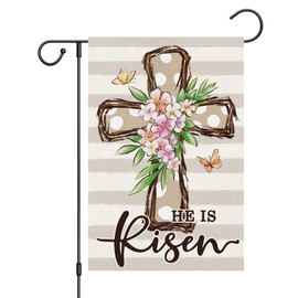 Louise Maelys Easter Cross Garden Flag 12x18 Double Sided Burlap, Small Vertical He is Risen Easter Floral Garden Yard Flags for Religion Easter Spring Outdoor Outside Decoration (ONLY FLAG)