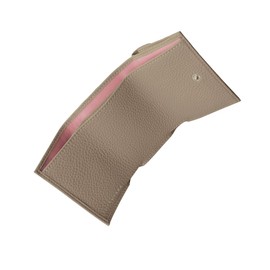 HANATORA SA03-BP Genuine Leather Mini Wallet, Italian Leather, Trifold Wallet, Thin, Small Wallet, Slim, Compact, Card Case, Women's, Men's, Coin Purse, Simple, Trifold Wallet, grege + pink