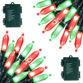 Battery Operated Christmas Lights 2 Pack 18 Feet 50 LED Clear Mini String Lights with 8 Modes Waterproof Tree Lights for Xmas Outdoor Indoor Holiday Party Garden Decor, Red & Green