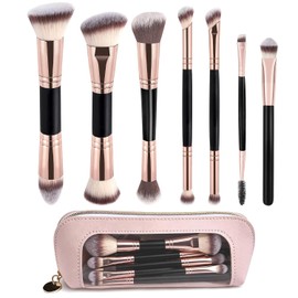 Juego de 8 Brochas de Maquillaje Profesional - Pinceles Suaves para Base, Contorno y Sombras de Ojos, Fáciles de Usar para Principiantes, Ideales para Viaje o Regalo, Incluye Estuche Portátil Rosado