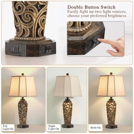 AIEAMPDO 27" Set of 2 Farmhouse Table Lamps for Living Room with USB A+C Ports, Vintage Nightstand Bedroom Lamp and Nightlight, Hollow Out Resin Desk Lamps, 2 Bulbs Include