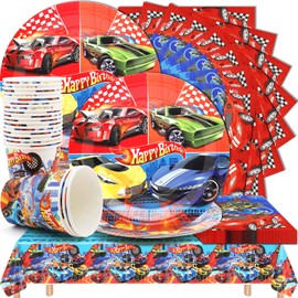 Huaxintoys 61 Pieces Racing Car Children's Birthday Party Tableware, Racing Car Children's Birthday Decoration, Racing Car Party Tableware, Tablecloth, Plates, Cups, Napkins, for Children's Birthday