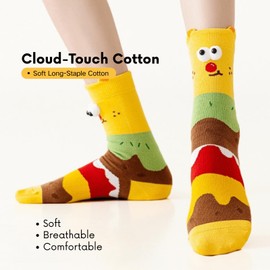 Funny Food Socks for Women Men, 5 Pack Cute Novelty Cotton Socks with 3D Eyes – Hamburger Popcorn Fries Designs – Soft Long-Staple Cotton, Colorful Unisex Silly Sock for Christmas, Birthday, Fun Gift