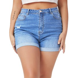 Tulucky Women Plus Size Jean Shorts High Waist Cute Distressed Ripped Folded Hem Denim Shorts(LightBlue,14Plus)