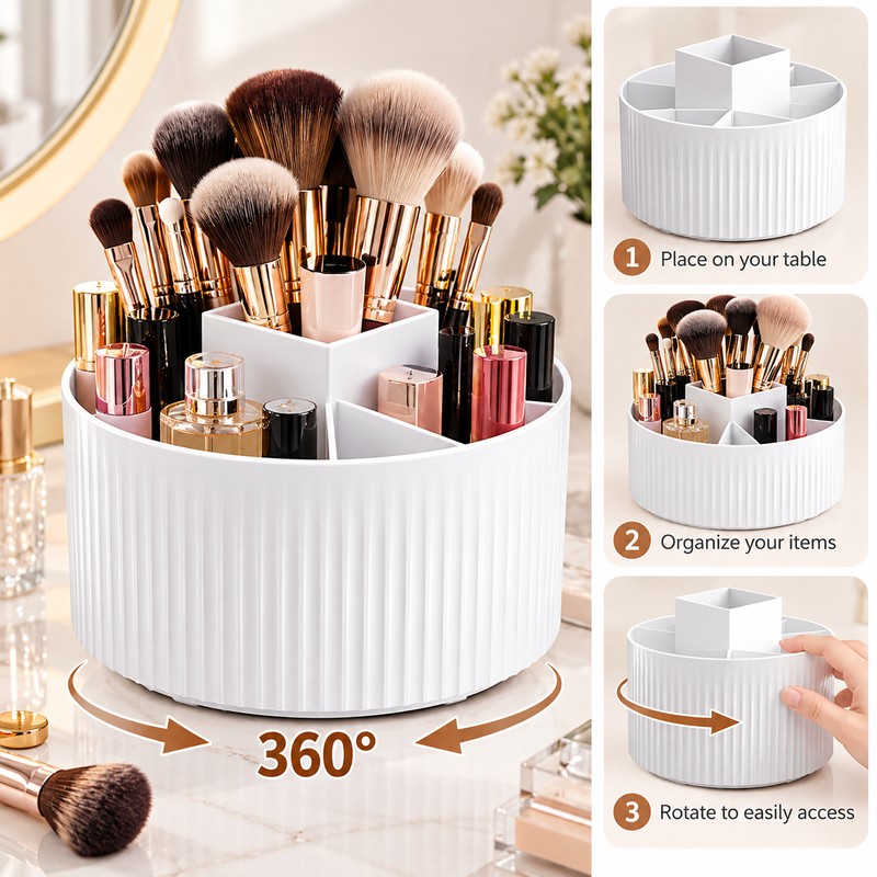 Rotating Makeup Brush Organizer for Vanity Storage – 360° Spinning