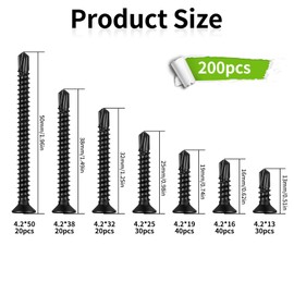 Pack of 200 Self-Drilling Screws, Cross Flat Head Wood Screws, Carbon Steel Self-Tapping Screws with Drilling Ends, Countersunk Plate Screws - M4.2 x 13 mm/16 mm/19 mm/25 mm/32 mm/38 mm/50 mm (Black)