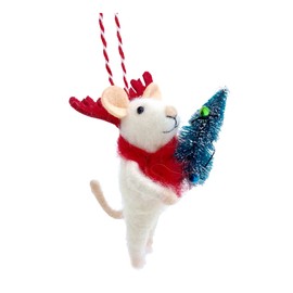 Mouse Christmas Ornament - Wool Mouse Holding Bottle Brush Tree Holiday Decoration