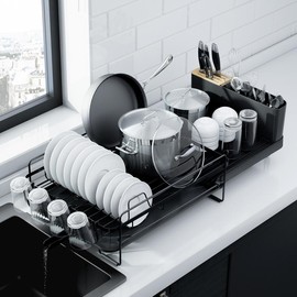 Kitsure Large Dish Drying Rack - Extendable Dish Rack, Multifunctional Dish Rack for Kitchen Counter, Anti-Rust Drying   27" L x 12.9" W Organiser - Color: Black