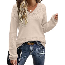 Zeagoo Womens Long Sleeve Sweater Fall Soft Knit Jumper V Neck Elegant Loose Sweatshirt Thin Plain Knitwear Pullover Light Brown M