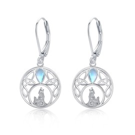 Wolf Earrings 925 Sterling Silver Leverback Moonstone Stud Earrings Animal Earrings Hoop Wolf Earrings Hypoallergenic Christmas Jewellery Gifts for Women, Sterling Silver