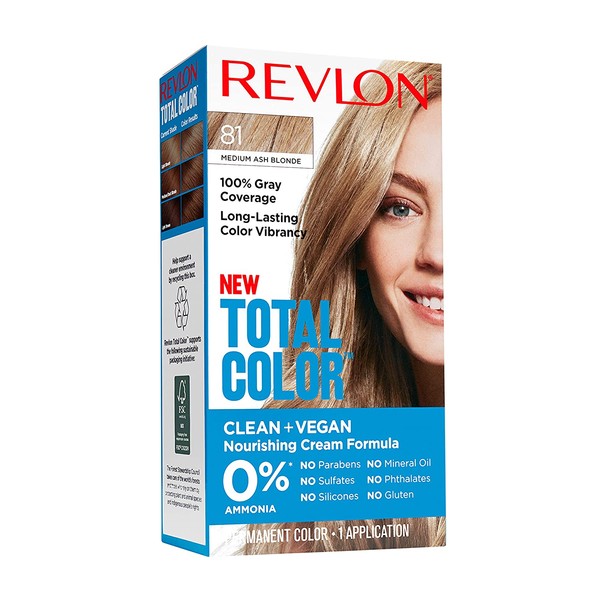 Revlon Total Color Permanent Hair Color, Clean and Vegan, 100% Gray Coverage Hair Dye, 81 Medium Ash Blonde, 3.5 oz
