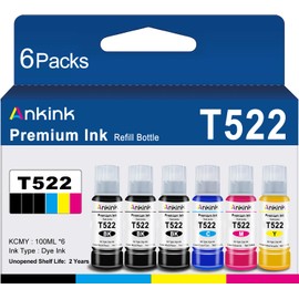 Ankink T522 Ink Refill Bottles Replacement for 522 Refill Ink Bottle Use for EcoTank ET-2800 ET-2803 ET-2850 ET-2720 ET-3750 ET-4800 ET-4700 ET-2750 ET-2400 ET-4810 Black Color 6 Pack