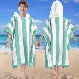 VOOVA & MOVAS Beach Towels for Big Kids - Girl | Teens Hooded Pool Towel Poncho (8-16Years), Large Thick and Absorbent Cotton - Versatile for Pool, Swim, and Bath, Slate Green White Cabana
