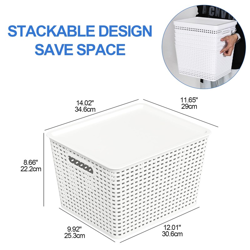 Qskely 6-Pack Large Plastic Storage Baskets with Lid, White
