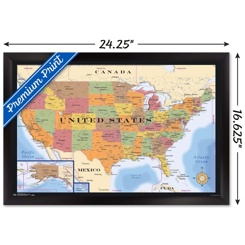 Map - USA Time Zones 14x22 Poster - Black Framed