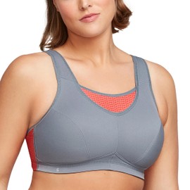 Full Figure Plus Size No-Bounce Camisole Elite Sports Bra Wirefree #1067 Gray/Coral