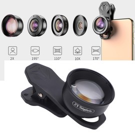 5 in 1 Universal Smartphone Camera Lens Kit with 10X Macro Lens, 2X Telephoto Lens, 195° Fisheye, 110° Wide Angle, 170° Super Wide Angle