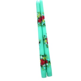 Pretty Decorative Turquoise Blue Green Taper Candles with Hand Painted Roses Flowers Elegant 12 Inch Long Candlestick Length Floral Romantic Bohemian Home Decor