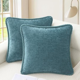 CaliTime Decorative Couch Throw Pillow Covers 18 X 18 Inches Pack of 2 Cozy Chenille Piping Edge Cushion Cases for Sofa Bed Living Room Home Smoke Blue