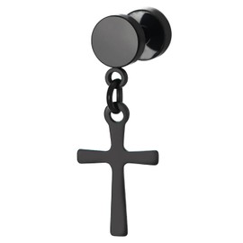 Pair Black Circle Screw Stud Earrings with Dangling Cross, Unisex for Men Women
