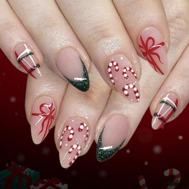 Christmas Press on Nails Medium Almond Fake Nails with Green Glitter French Tip Design Cute Crutch Nails Press ons Glossy Full Cover Pink Glue on Nails Winter Xmas Holiday Nail for Women 24Pcs