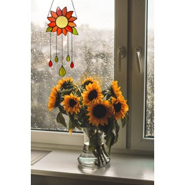 Sunflower Stained Glass Suncatcher - 6.3x13.1Inch Window Decoration for Kitchen, Birthday, Housewarming or Mom/Grandma Gift