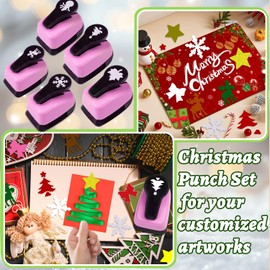 Christmas Hole Punch Set, 5 Pcs Different Shape Hole Punches for Paper Craft, 1 Inch Christmas Snowflakes/Tree/Bow Tie/Moose/Star Puncher for Scrapbook, Gifts, Festival Cards, Decorations, DIY Arts