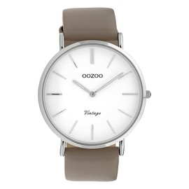 Oozoo Vintage Women's Watch with Leather Strap Flat 40 mm White/Taupe C20076, silver / white, Vintage