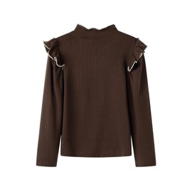 Mud Kingdom Mock Neck T-Shirts Brown Long Sleeve Ruffle Tee for Toddler Girls Jacquard Solid Casual Tops Lightweight 4T