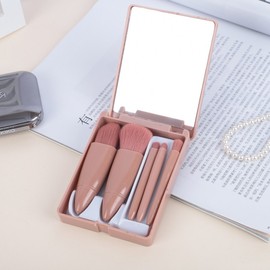 New Travel 5-Piece Makeup Brush Set with Portable Case, Soft Bristles for Girls Medium Pouch + Light Pink 15ea