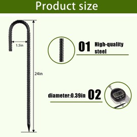 Rebar-Stakes-24Inch,J Hooks Black Coated Ground Stakes,13pcs Anti-Rust Heavy Duty Ground Stakes Anchors for Gardening Dog Fence Fixed Water Pipes Soccer Goals Tent Camping Trampoline