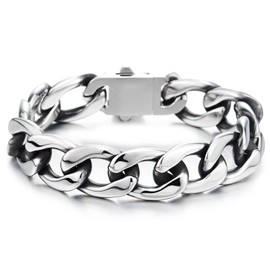COOLSTEELANDBEYOND Mens Stainless Steel Cuban Link Bracelet Curb Chain, Polished Silver Color, Box Clasp, Hip-Hop Biker