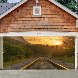 Old Train Track Garage Door Cover Banner Decorations Backdrop 7x16ft Large Vintage Railway Station Nature Scenery Sunset Garage Door Outdoor Decorations Birthday Party Holiday Travel Garage Door Cover