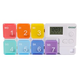 EDOSO Pill Box for 7 Days with 7 Containers and Alarm | Medication Box Pill Box 1 Week with Timer and Alarm Clock for Reminder | German Description | Coloured Tablet Container