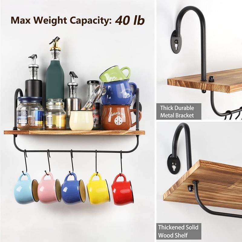 Floating Shelves for Kitchen Wall Coffee Nook with Hooks for