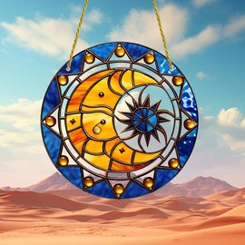 Sun and Moon Stained Window Hangings with Chain – Acrylic Retro Ornament for Garden, Patio and Indoor Decor, Housewarming Gift for Mom, Grandma and Space Lover