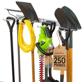 StoreYourBoard Wall-Mounted Rack With 4 Garage Hooks, Gray – Heavy-Duty Steel Holder Garage & Garden Storage for Shed, Workshop, or Home Organization – For Rakes, Shovels, Tools & More – 1 Pack, Gray