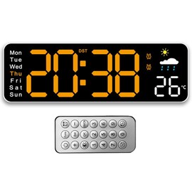 Tomedeks Wanduhr Digital 12 Zoll LED Wanduhr Groß Display Digital Uhr mit Fernbedienung Countdown Einstellbarer Helligkeit Wanduhr mit Uhrzeit/Datum/Temperatur für Wohnzimmer Küche Büro Gym(Orange)