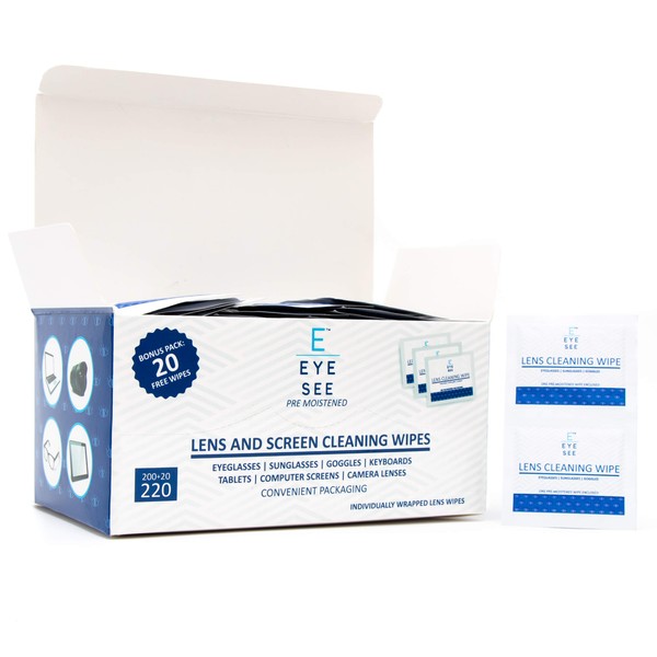 Eye See Lens Cleaning Wipe - Use as Eyeglass Cleaning Wipes or Electronic Wipes - Great for Camera Lens, Phone, Tablet, Glasses - 200 Wipes +20 Bonus = 220 Total Wipes